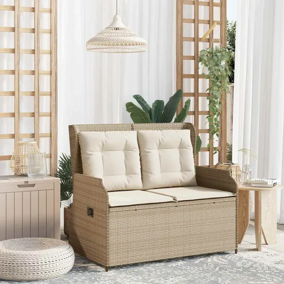Beige polyrattan havebænk med pude og justerbar ryg
