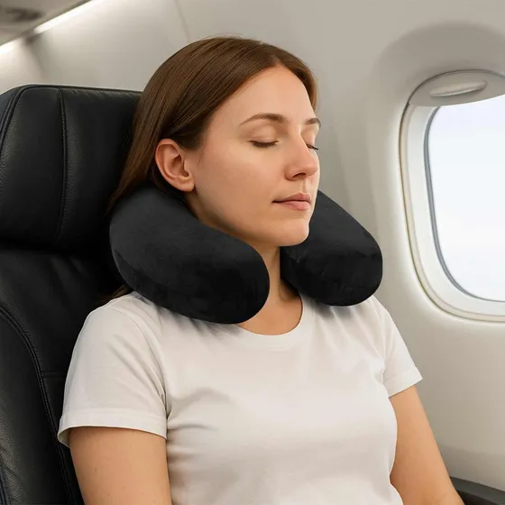 Rejse nakkepude i fljl med memoryskum - Sort 27x27x8 cm