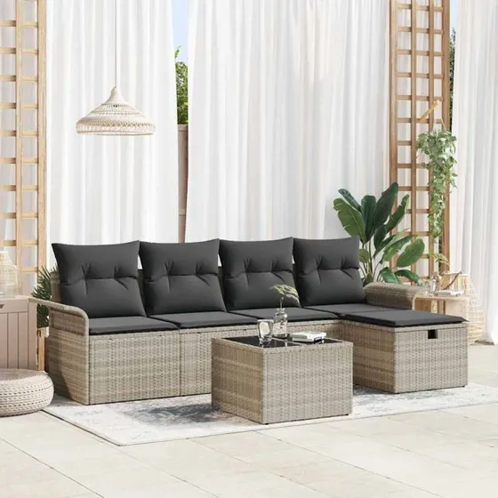 Havesofa sæt 6 dele lysegrå polyrattan m. opbevaring