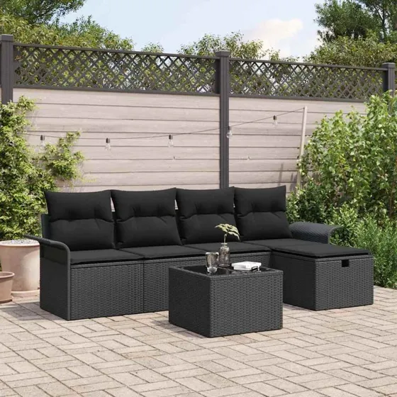 Modul Havesofa 6-del i Sort Poly Rattan med Opbevaring