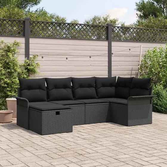 Modulær 6‑pcs havesofa i sort poly rattan med opbevaring