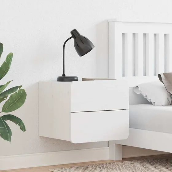 Vægmonteret natbord 39x34x33 cm hvid – massivt fyrretræ