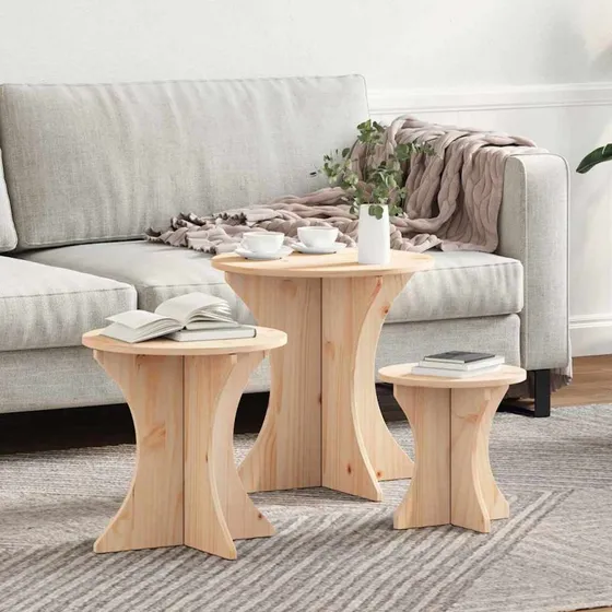 Sofabord sæt 3 stk naturfarvet massivt fyrretræ Ø46x47 cm