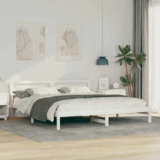 Sengestel 200x200 cm i massivt fyrretræ med LED - hvid