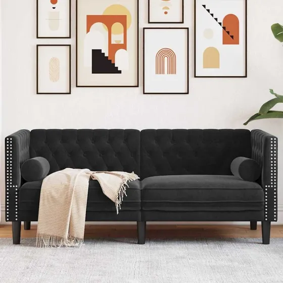 Chesterfield fløjlssofa, sort 174 x 74,5 x 70,5 cm
