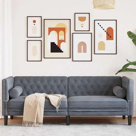 Chesterfield 3-personers sofa i mørkegrå fløjl 194 cm