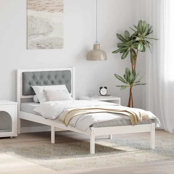 Sengestel i massivt fyrretræ med hovedgærde, 80x200 cm – lysegrå