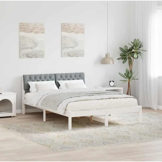 Sengestel 150x200 i massivt fyrretræ – hvid/lys grå