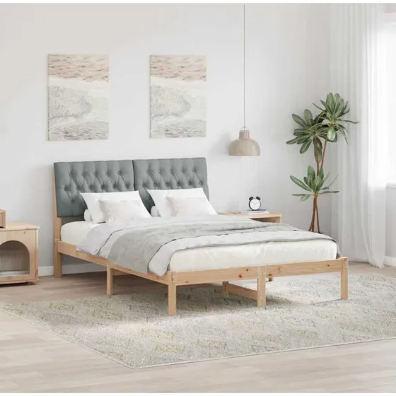 Sengestel 140x200 i massiv fyrretræ med lysegrå hovedgærde