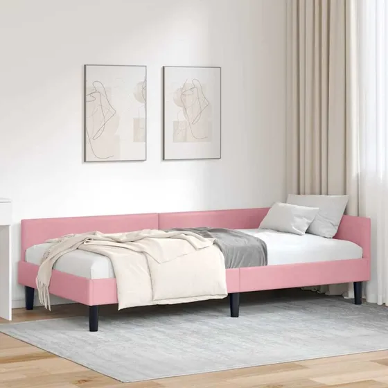 L-formet hjørnesengramme i lyserød velour 80x200 cm