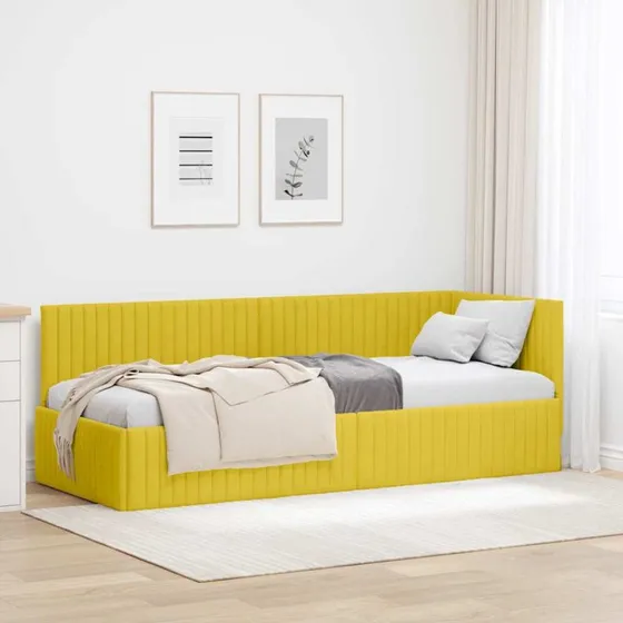 Hjørnesengramme 80x200 cm i gul fløjl med hovedgærde