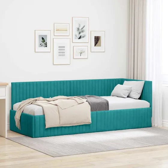 Hjørnesengramme med hovedgærde 80x200 cm - Turkis fløjl