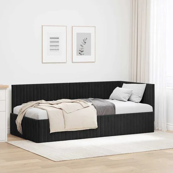 Hjørnesengramme m. hovedgærde 90x200 cm fløjl - Sort