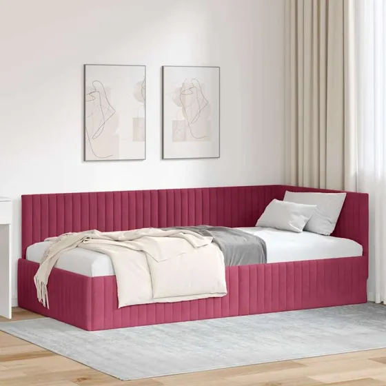 Hjørnesengramme med hovedgærde 100x200 cm - Vinrød fløjl