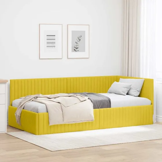 Hjørnesengramme i gul fløjl 100x200 cm med hovedgærde