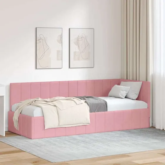 Hjørnesengramme i lyserød fløjl 80x200 cm med hovedgærde