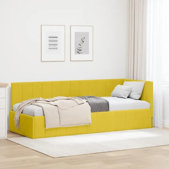 Hjørnesengramme i gul fløjl 80x200 cm med hovedgærde