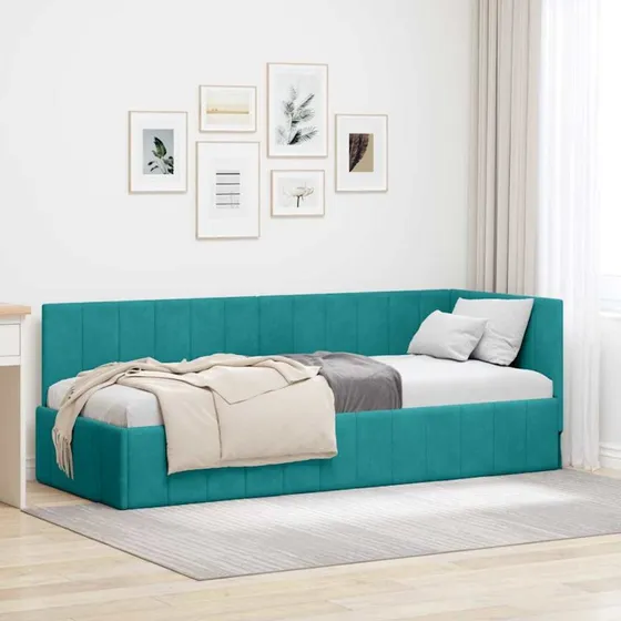 Turkis fløjl hjørnesengramme m. hovedgærde 80x200 cm