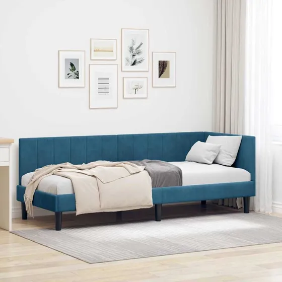 Hjørnesengramme i fløjl blå 80x200 cm med hovedgærde