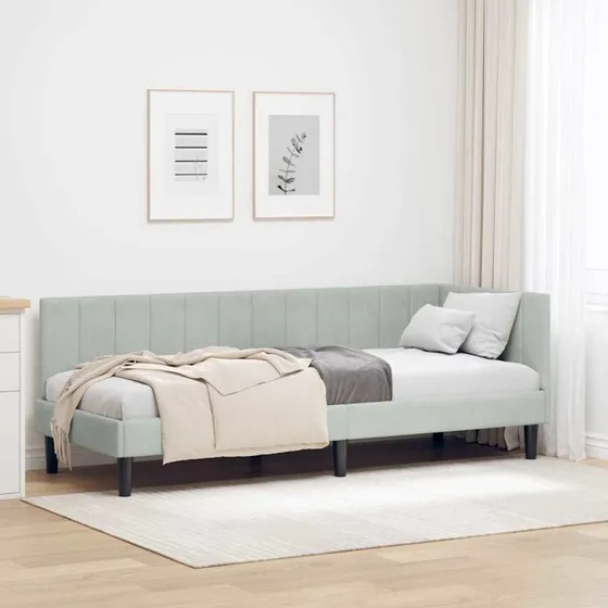 Hjørnesengramme i lysegrå fløjl 80x200 cm med hovedgærde