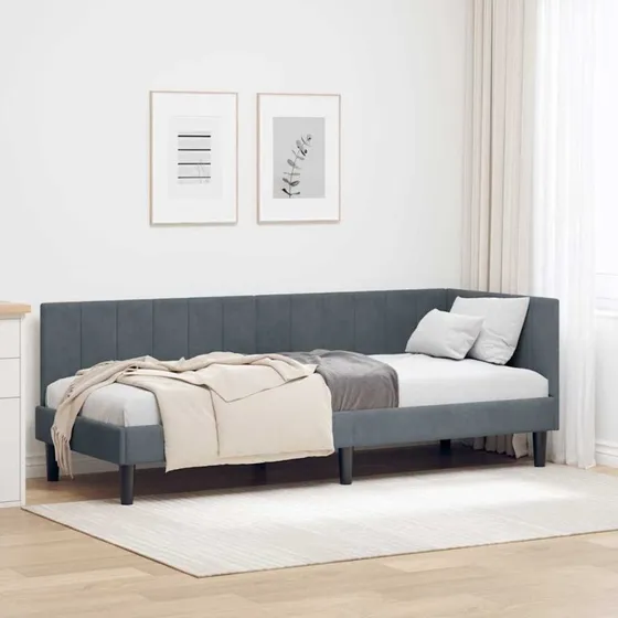 Hjørnesengramme i fløjl m. hovedgærde 80x200 cm - Mørkegrå