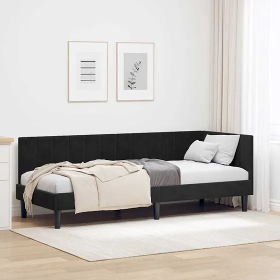 Hjørnesengramme i fløjl med hovedgærde 80x200 cm - Sort