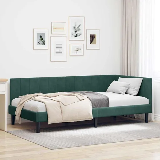 Hjørnesengramme Fløjl Mørkegrøn 90x200 cm med Hovedgærde