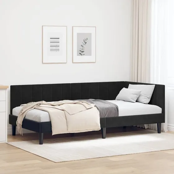 Hjørnesengramme 90x200 cm sort fløjl med hovedgærde