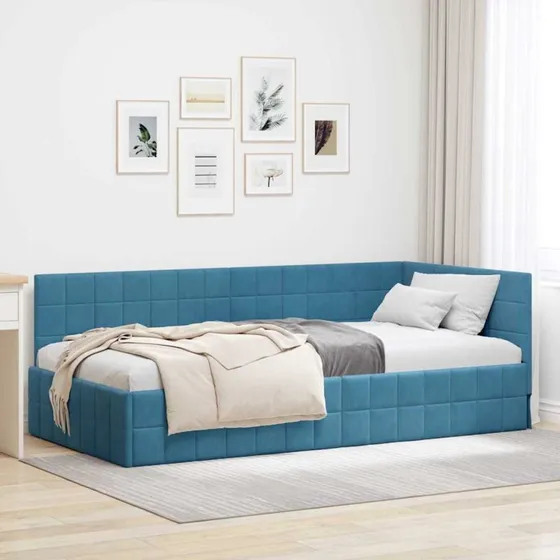 Hjørnesengramme i fløjl blå 100x200 cm — L-formet