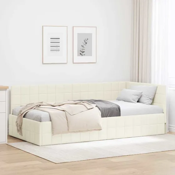 Hjørneseng 100x200 cm Creme Fløjl med Hovedgærde