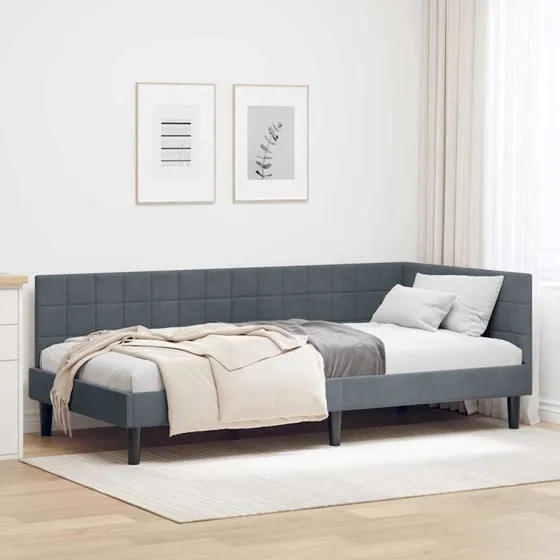 Hjørnesengramme i fløjl m. hovedgærde 90x200 cm - mørkegrå