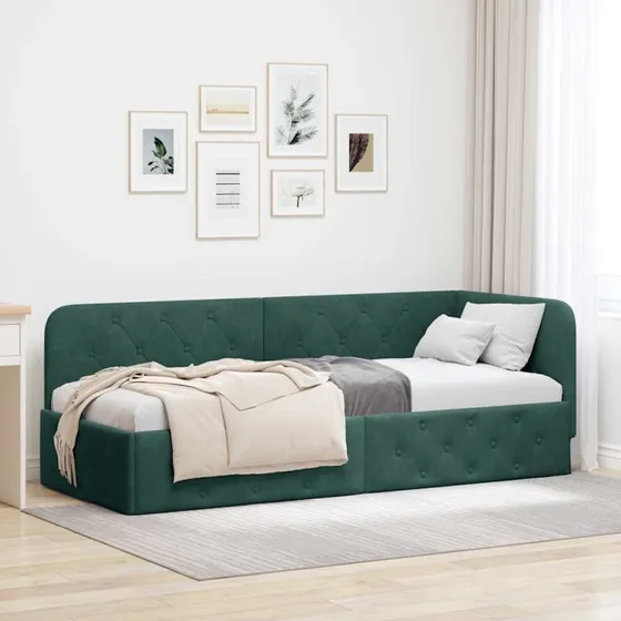 Hjørnesengramme L-formet i fløjl – Mørkegrøn 80 x 200 cm