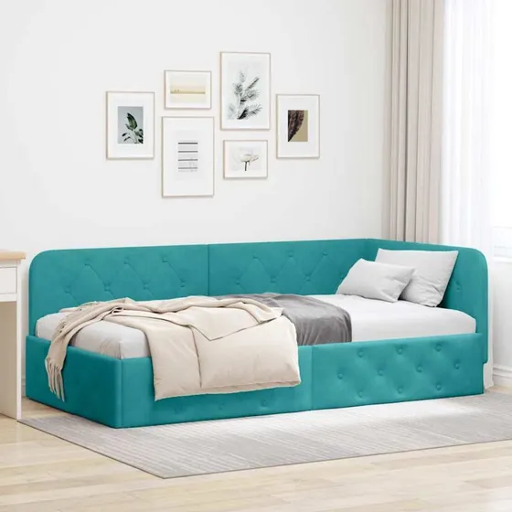 Hjørnesengramme Fløjl Turkis 90x190 cm – L‑formet
