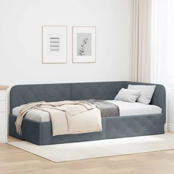 Mørkegrå fløjl hjørnesengramme L-form 90x200 cm
