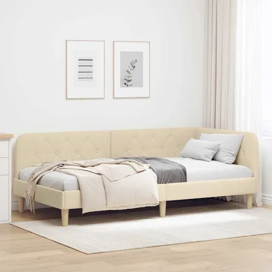 Hjørnesengramme creme 90x190 cm i stof (L-form)