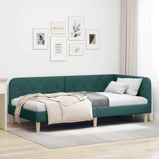 Hjørnesengramme L-form 90x200 cm Mørkegrøn Stof