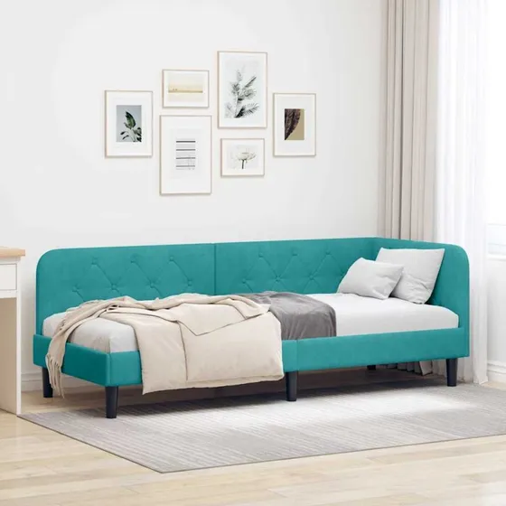 Hjørnesengramme L-formet Turkis 80x200 Fløjl