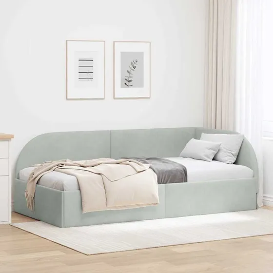 Lysegrå velour hjørnesengramme med hovedgærde 90x190