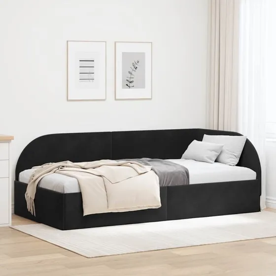 Hjørnesengramme L-formet 90x190 Sort fløjl/stof