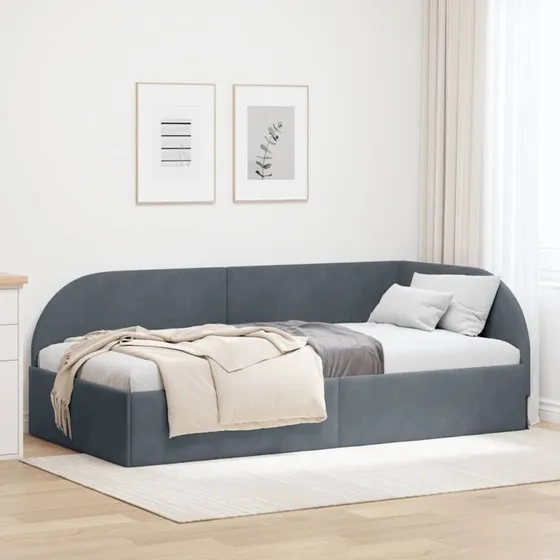 Hjørnesengramme i mørkegrå fløjl 90x200 cm med hovedgærde