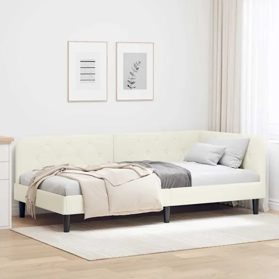 Hjørnesengramme L-formet Fløjl Creme 100 x 200 cm