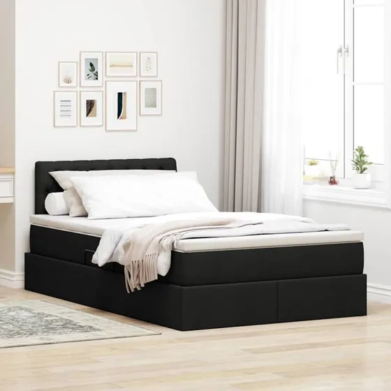 Seng med opbevaring, LED & madras 120x200 cm - Sort stof