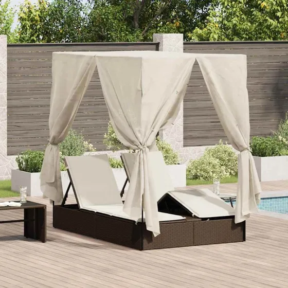 Dobbelt solstol med tag & gardiner, varm hvid 205×129×200 cm