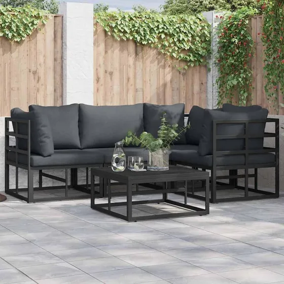 Havesofa sæt 5 dele i sort aluminium med puder