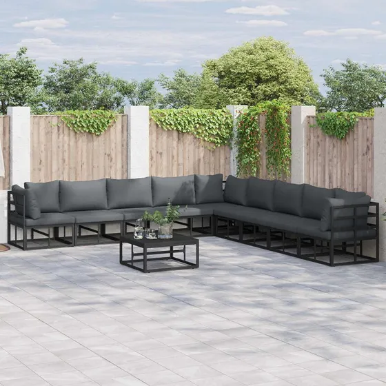 Havesofa sæt 9 dele i sort aluminium med puder