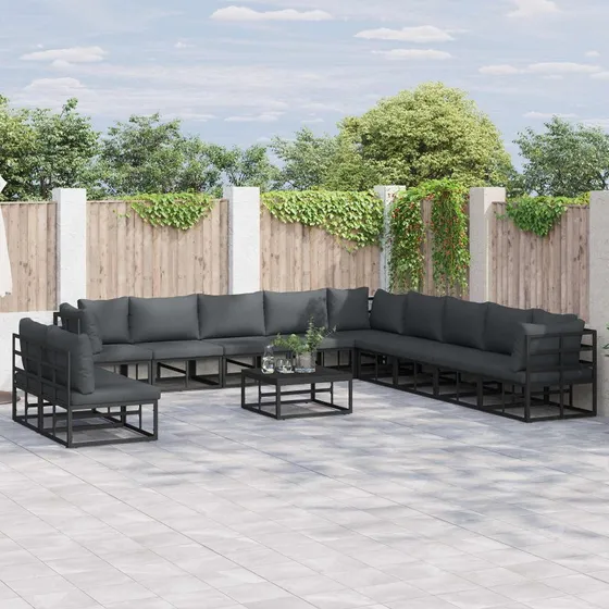Havesofa sæt 11 dele, sort aluminium med puder