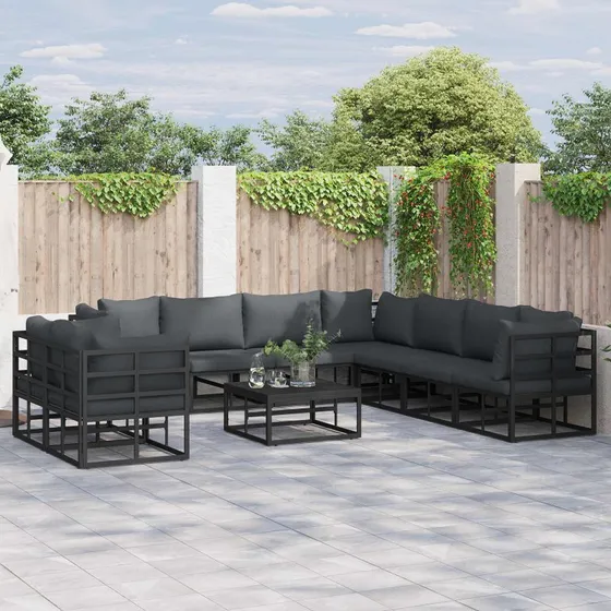 Havesofa sæt 9 dele – Sort aluminium med hynder