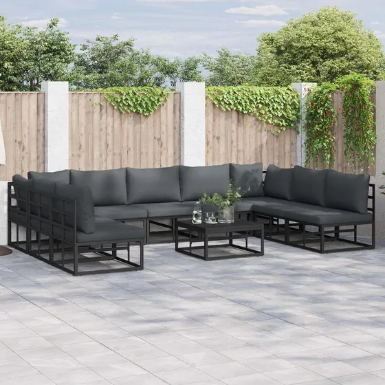 Havesofa sæt 9 dele – sort aluminium med hynder