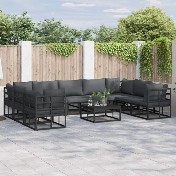 Havesofa sæt 9 dele – Sort aluminium med puder