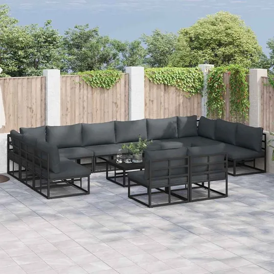 Havesofa Sæt 12 dele – Sort Aluminium med Puder